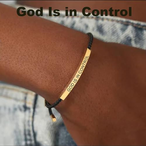 God is in Control Leather Bracelet, Stainless Steel Christian Faith Braided Engraved Bar Bracelets Self Worth Motivation Bracelet Inspirational Friendship Jewelry for Men Women - color: Black&Gold