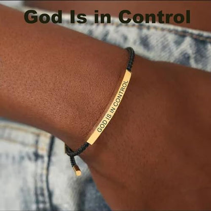 God is in Control Leather Bracelet, Stainless Steel Christian Faith Braided Engraved Bar Bracelets Self Worth Motivation Bracelet Inspirational Friendship Jewelry for Men Women - color: Black&Gold