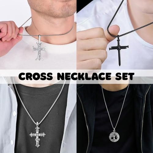 ywevyezc 12/24PCS Cross Necklace for Men, Mens Necklaces Jewelry Set Silver Chain Stainless Steel Cross Pendant Goth Necklace for Boys 16-24 inches Chain - style: 24pcs Cross Necklace