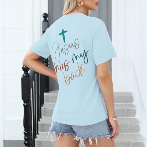 Tuislay Christian Shirts for Women Jesus Has My Back Tshirt God Bible Verse Shirt Faith Cross T Shirts Inspirational Tees Top - color: Light Blue, size: Small