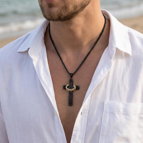 MOOSKI Cross Necklace for Men 316L Stainless Steel Crucifix Jesus 24" Chain - color: Black-gold