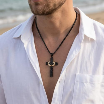 MOOSKI Cross Necklace for Men 316L Stainless Steel Crucifix Jesus 24" Chain - color: Black-gold