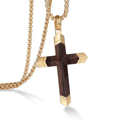Wooden Cross Necklace for Men with Stainless Steel Adjustable Chain 24-26in, Christian Wood Crucifix Pendant Gift for Him - style: Gold Ebony