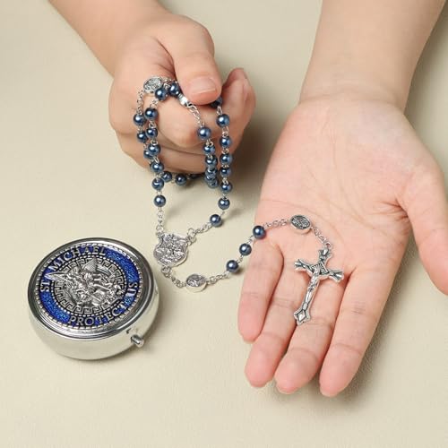 Saint Michael the Archangel Catholic Rosary Necklace - color: Saint Michael-Blue