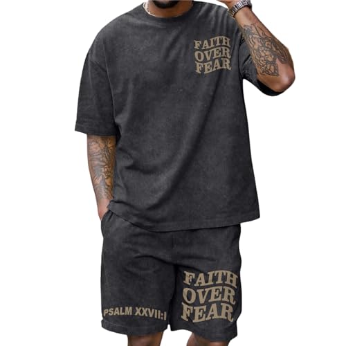 Men's Christian Shirt and Shorts Set Oversized Faith Over Fear T Shirt Washed Religious Bible Verse 2 Piece Outfits - color: Black, size: Medium