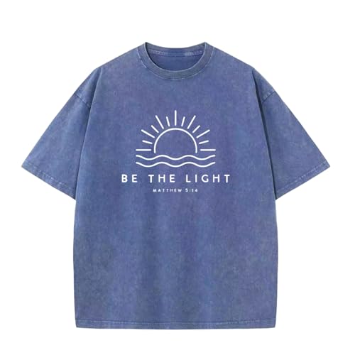 Christian Be The Light Shirts for Men Jesus God Faith Religious Bible Verse T Shirt Oversized Acid Wash Graphic Tees - color: Blue, size: Medium
