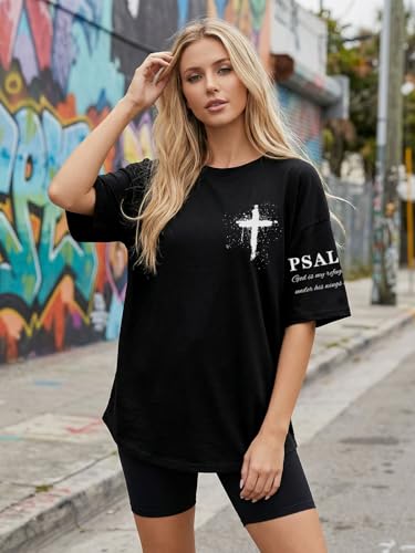 Christian Shirts for Women Oversized Jesus Religious Short Sleeve Tops - color: Black, size: Large