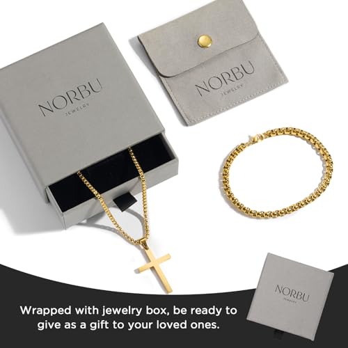 NORBU Stainless Steel Cross Necklace and Bracelet Set for Men, Cuban Link - color: Gold Box