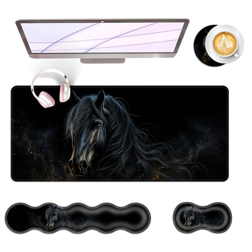 Large Keyboard Mouse Pad Set, Extended Mouse Pad+Keyboard Wrist Rest Support, Memory Foam Ergonomic Easy Typing, 4Pcs (31.5×11.8 in) Desk Pad Set for Office Home,Black Horse - color: Black Horse-2-20