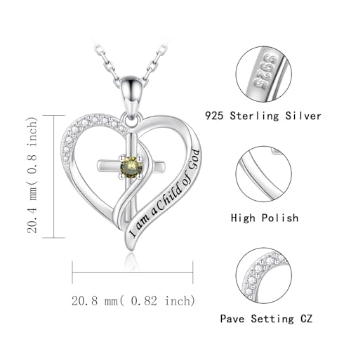925 Sterling Silver I Am a Child of God Scripture Pendant with Birthstone Heart Cross Communion Necklace for Women Christian Faith Jewelry Gift - color: August