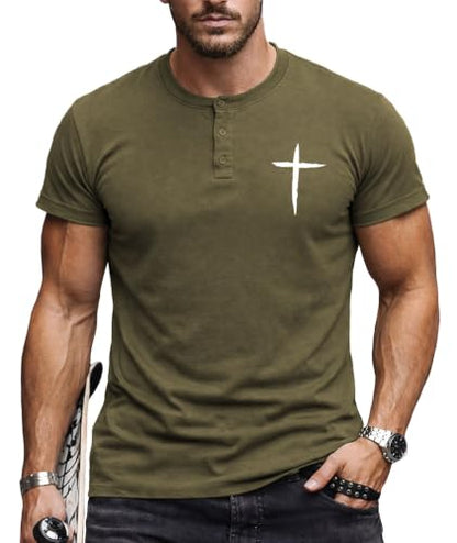 KESIHAN Christian Henley T Shirts for Men Cross Graphic Faith Casual Tee - color: Armygreen-6, size: Medium