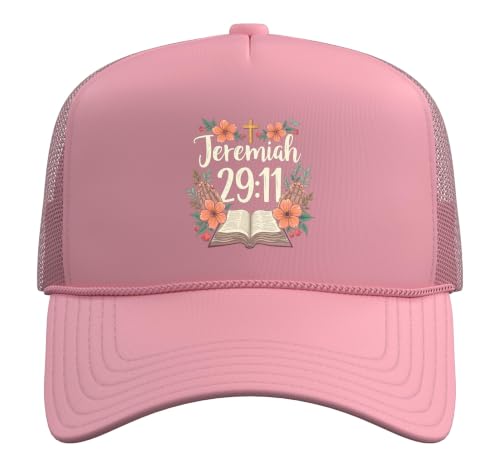 Jeremiah 29:11 Bible Verse Flowers Christian Faith Women Trucker Hat with Adjustable Mesh Back - color: Pink