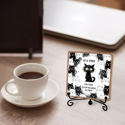 Cat Lover Gifts for Women Coworker, Funny Office Desk Decor, Wooden Plaque - style: Everything is fine