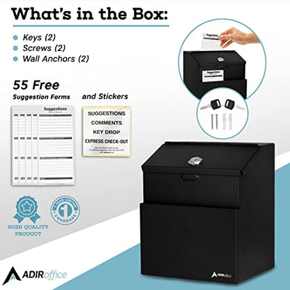 Adir Suggestion Box with Lock - Metal Donation Fundraising Ballot Prayer Box with 55 Free Suggestion Forms Cards & 2 Keys (Wall Mounted - Black) - color: C Black, size: Pack of 1
