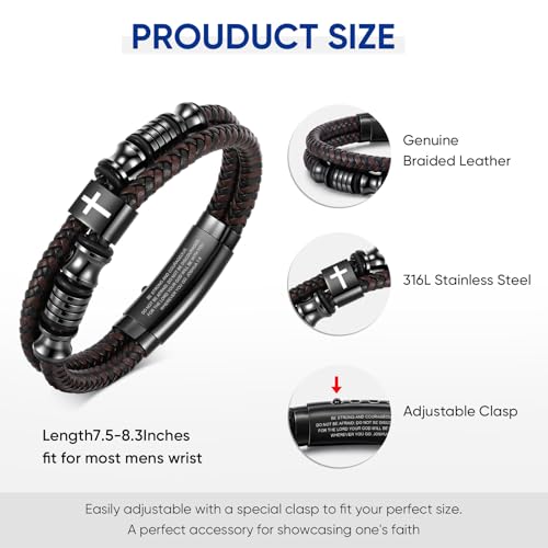 Christian Brown Leather Bracelet for Men - Double-Row Braided Leather Faith Cross Bracelets Bangle Religious Baptism Inspirational Bible Verse Jewelry Gift for Young Men Teenage, Adjustable Wristband - color: JOSHUA 1:9