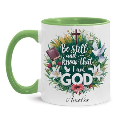 Custom Name Christian Religious Coffee Cup, Floral Wreath And Doves Design Mug, Personalized Christian Ceramic Cup 11oz 15oz, Bible Verse Accent Mug, Customized Christian Cup For Men Women - color: HOA-624-2164-THAT I AM GOD MUG