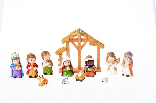 12 Pcs Christmas Nativity Set, Includes 11 Small Resin Figurines and a Manger, Nativity Scene Decor Religious Table Decorations Home Decor - color: Colorful