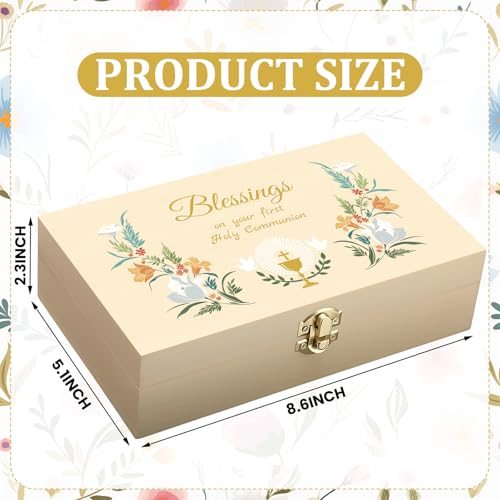 CroBlissful First Communion Wooden Box Keepsake Baptism Memory Box Gift 8.6 x 5.1 x 2.4 Inches First Holy Communion Jewelry Storage for Baptism Memory Keepsake(Floral) - style: Floral