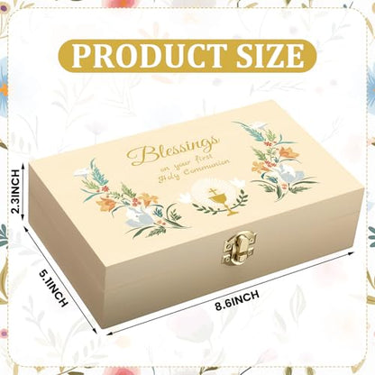 CroBlissful First Communion Wooden Box Keepsake Baptism Memory Box Gift 8.6 x 5.1 x 2.4 Inches First Holy Communion Jewelry Storage for Baptism Memory Keepsake(Floral) - style: Floral