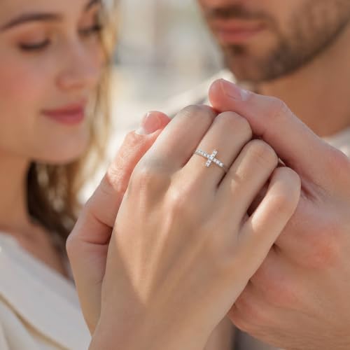 WES Moissanite Cross Ring for Women - Hypoallergenic 925 Sterling Silver 14K White Gold Plated Dainty Stackable Wedding Band Eternity Ring, Size 4-11