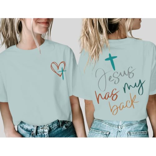 Tuislay Christian Shirts for Women Jesus Has My Back Tshirt God Bible Verse Shirt Faith Cross T Shirts Inspirational Tees Top - color: Sky Blue, size: Large