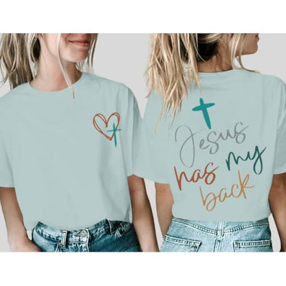 Tuislay Christian Shirts for Women Jesus Has My Back Tshirt God Bible Verse Shirt Faith Cross T Shirts Inspirational Tees Top - color: Sky Blue, size: XX-Large