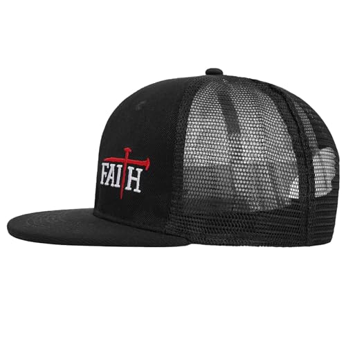 Christian Hats for Men Women - Cross Faith Flat Snapcback Hats - Religious Gifts for Thanksgiving Christmas - color: Black Mesh/Faith Red