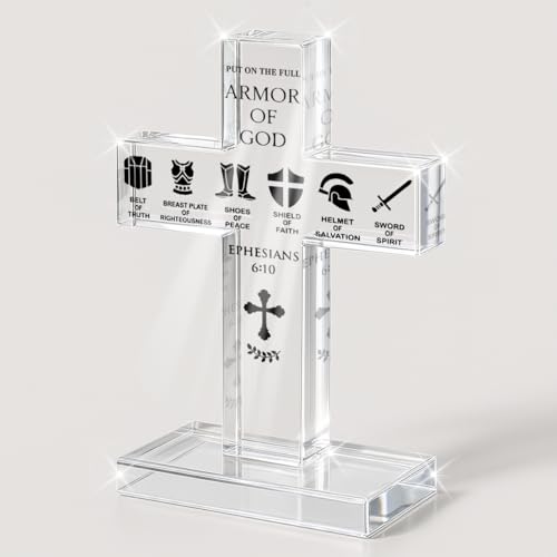 PVOPVO Inspirational Christian Religious Cross Decor Gifts Spiritual Baptism Gifts for Women Men Ephesians 6:10 Bible Verse Decor for Home Prayer Room Office Shelf - color: god7