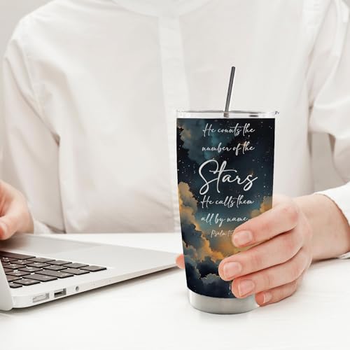 Christian 20oz Travel Coffee Mug Tumbler, Christian Gifts for Women Men, Celestial Night Sky Religious Bible Verse Stainless Steel Tumbler with Lid and Straw - color: stars