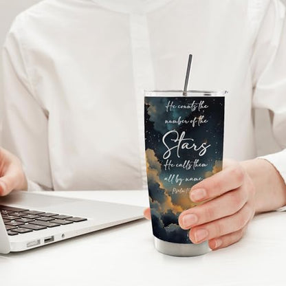 Christian 20oz Travel Coffee Mug Tumbler, Christian Gifts for Women Men, Celestial Night Sky Religious Bible Verse Stainless Steel Tumbler with Lid and Straw - color: stars