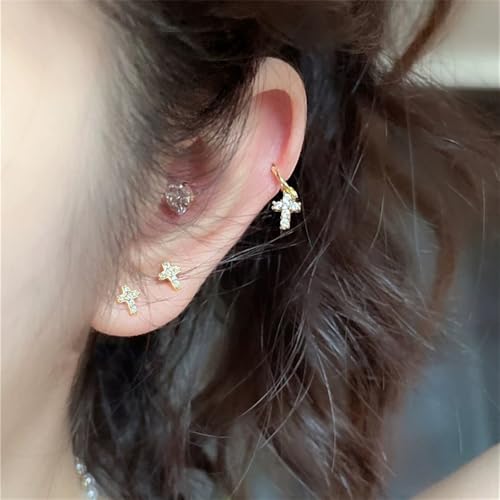 16g Tiny Cross Hypoallergenic 925 Sterling Silver Stud Earrings for Women With Flat Screw Back Small Cubic Zirconia Cartilage Pierced Earrings for Tragus Helix Conch Cartilage Jewelry Gifts - color: Gold