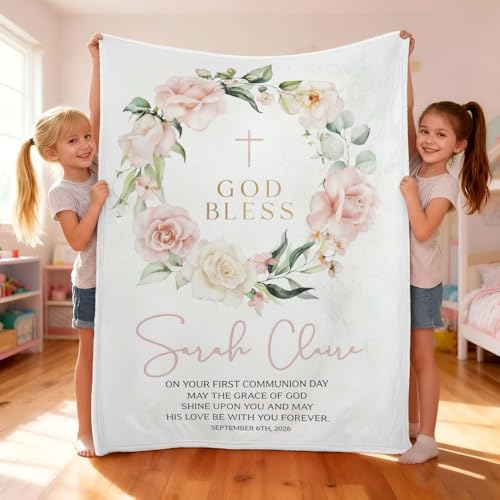 Personalized First Communion Blanket for Girl, Custom Christian Baby Blanket, Floral God Bless Throw Blankets, Catholic Baptism Gift, Scripture Blankets, Christening Keepsake, Nursery Decor - color: #Ver8