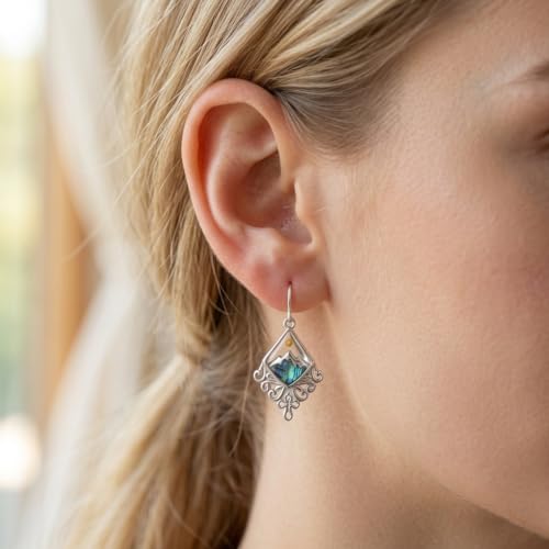 Mustard Seed Dangle Earrings for Women, 925 Sterling Silver Faith Mountain Cross Drop Earrings with Abalone Shell, Hypoallergenic Religious Christian Jewelry Gifts
