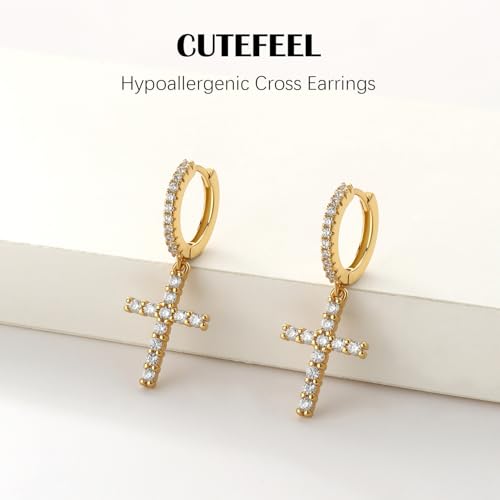 14K Gold Plated Cross Earrings for Women Men, CZ Cross Dangle Earrings Hypoallergenic Jewelry Gift - color: Gold