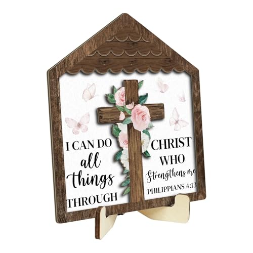 Putuo Decor Rustic House-Shaped Wooden Tabletop Decor, Philippians 4:13 Bible Verse Sign, Floral Cross Christian Plaque for Home, Office, Religious Gift - color: Cross