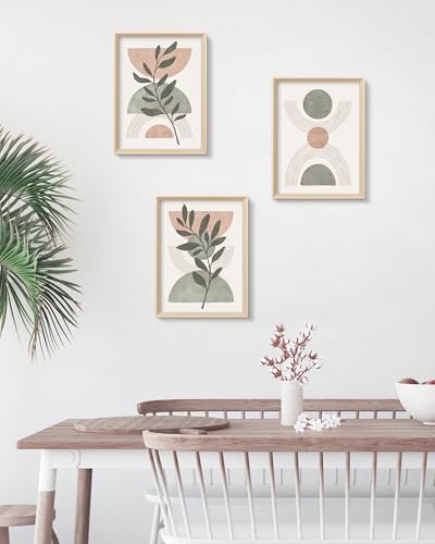 HesenDot Boho Sage Green Framed Wall Art, 12x16IN High Wood Frame Design - color: High Frame Green Neutral Leaf