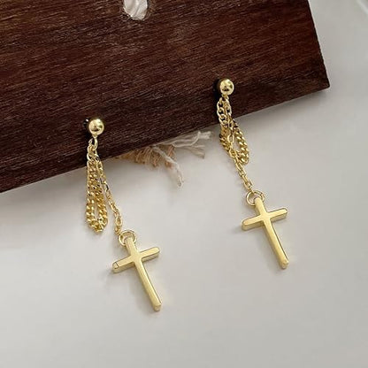 925 Sterling Silver CZ Moon Cross Heart Teardrop Chain Earrings for Women - color: Cross-Gold