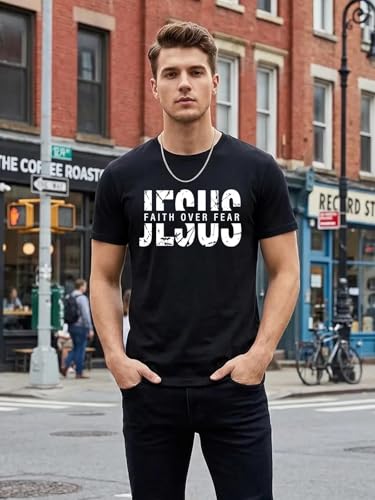 Christian Shirts Men Jesus Faith Over Fear Tshirt Inspirational Bible Tees - color: Black-jesus, size: Large