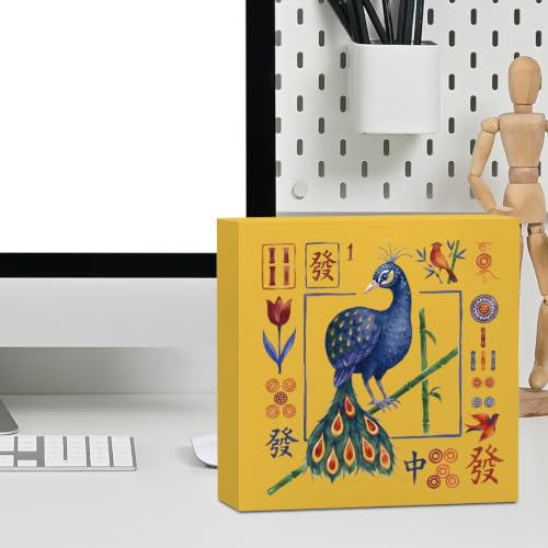 Mahjong Bird Bam Desk Sign Wooden Box Sign Table Decoration Yellow - color: yellow 1482