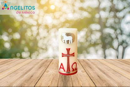 Angelitos de Mexico Religious Prayer Alpha Omega Red Candle, 4.7 x 2 inches, Catholic Ceremonial Candle with Cross Design