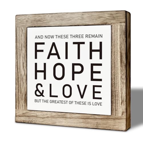 Christian Wooden Desk Decor Sign, Faith Hope Love, Farmhouse Bible Verse Tabletop Sign, Farmhouse Inspirational Wooden Box Signs, Religious Gift for Friends and Family 5.9x5.9 Inches - color: color06