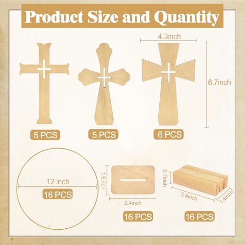 Mototo 48 Pcs Standing Wooden Cross Baptism Centerpieces Decor 16 Wooden Cross with Base 16 Gold Metal Floral Hoop with Wooden Stand Baptism Centerpiece Table Decor for Wedding Event Home Table