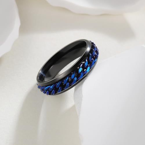 Mens Fidget Rings Anxiety Ring for Men 6mm 8mm Chain Spinner Ring Size 5-14 - color: Titanium Black Blue