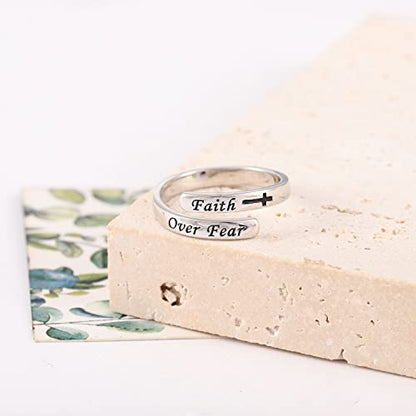 STROLLGIRL 925 Sterling Silver Faith over Fear Ring Faith Religious Jewelry Quote Ring Friend Daughter Gifts