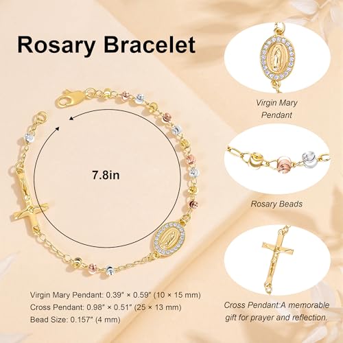 Rosary Cross Bracelet for Women, Virgin Mary Gold Silver Rose Gold 4mm Rosary Beads Catholic Bracelet - color: Gold-Silver-Rose Gold