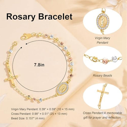 Rosary Cross Bracelet for Women, Virgin Mary Gold Silver Rose Gold 4mm Rosary Beads Catholic Bracelet - color: Gold-Silver-Rose Gold