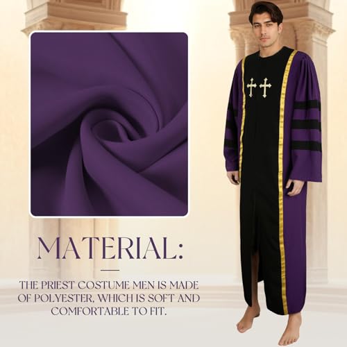 Men Priest Costume Pastor Gown Clergy Pulpit Robes Halloween - color: Purple, size: XX-Large