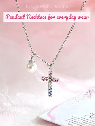 S925 Sterling Silver Cross Necklace for Girls, Baptism First Communion Confirmation Gifts, Pearl Heart Pendant Necklaces, Back to School Graduation Easter Birthday Faith Gift Age: Over 8 Years Old - style: Pearl Rainbow CZ Cross