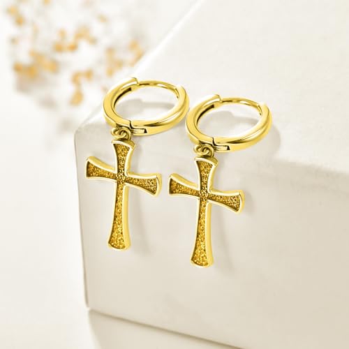 Cross Earrings 925 Sterling Silver Cross Dangle Earrings Christianity Jewelry Gift for Men Women - style: Cross-Gold