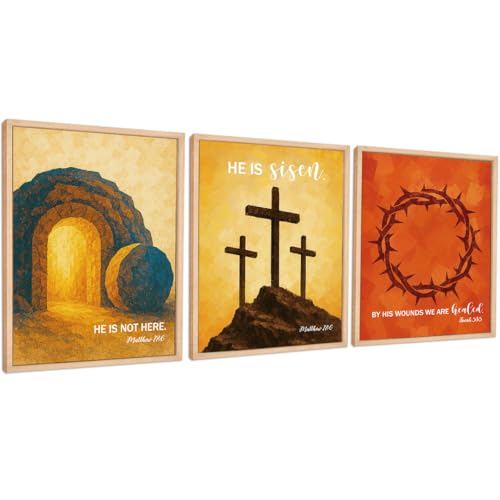 Set of 3 Poster Bible Verse Wall Art,Matthew 28:6 Christian Wall Decor - color: He is not Here He is Risen
